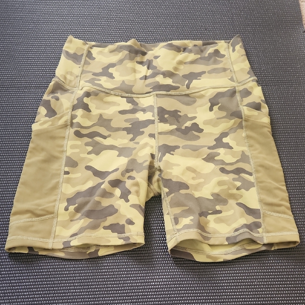 Green and Tan Camouflage Bike Shorts with High Waistband